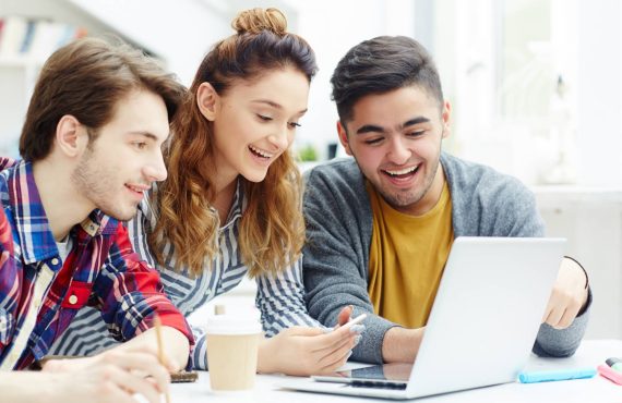 Happy learners video chatting with friends online